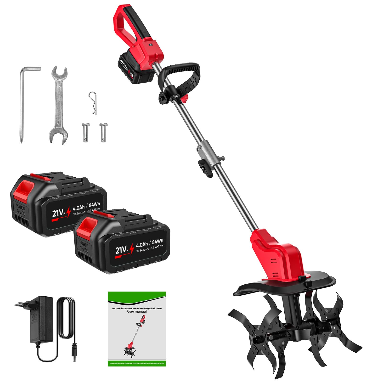 21 V Cordless Electric Motocultor, 550 W with 2 4.0Ah Batteries, 2 Steel Burs, Width 30 cm, Depth 22 cm, LED Display, Double Safety, Ideal for Loosening the Earth and Orchard