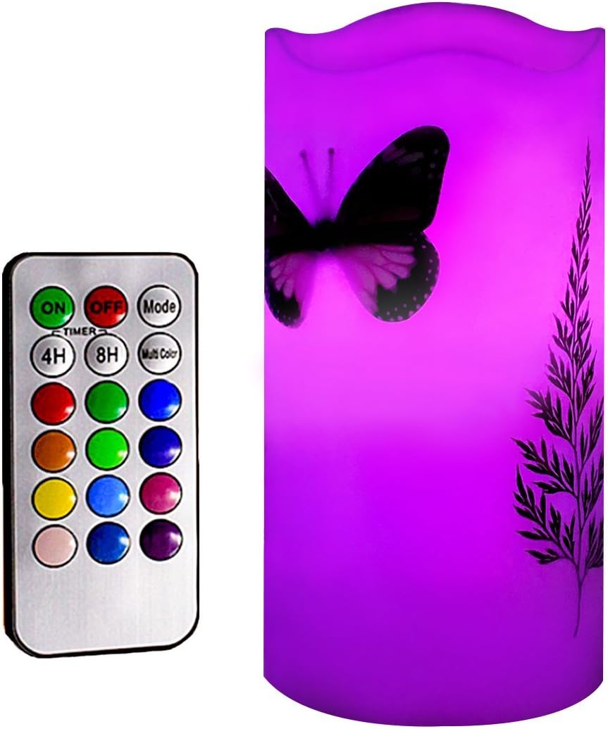 Kelake Flameless LED Candles with 18-Key Remote Timer 5 inch Tealight Butterfly and Plant Decor Wax Electric Candle Lights 12 Color Changing for Home/Indoor/Outdoor Party Holiday Halloween Christmas