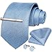 DiBanGu Mens Silk Necktie Solid Color Tie and Pocket Square Cufflink Tie Clip Set Woven Plain Ties for Men Wedding Party, Light Blue