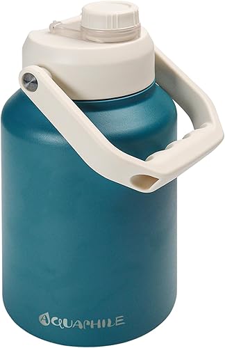 Miniatura 1 de AQUAPHILE Botellas de agua aisladas de 128 onzas con tapa con popote, botellas de agua grandes de acero inoxidable con asa para líquidos fríos y