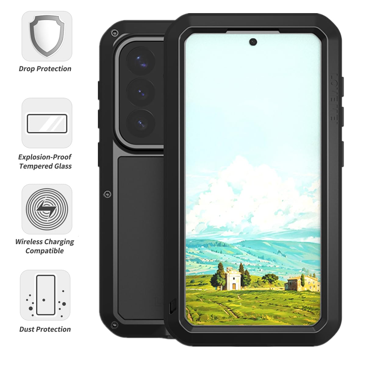 LOVE MEI Funda compatible con Samsung Galaxy S26, deportes al aire libre, militar, resistente, a prueba de golpes, a prueba de polvo, aluminio híbrido, metal, silicona y vidrio templado (negro)
