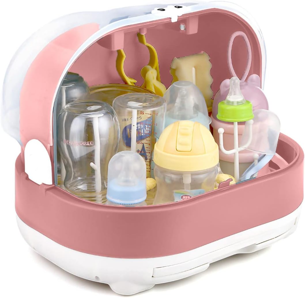 Alwytlon Baby Bottle Drying Rack Container with Drainer, Portable Nursing Cutlery Box Container Anti-Dust Protect Lid Cover, Storage Box Dinnerware (Pink)