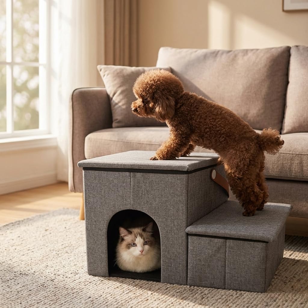 Escalera para Perros Pequeños, Rampa para Gatos con Almacenamiento, Escaleras Plegables para vía Sofá
