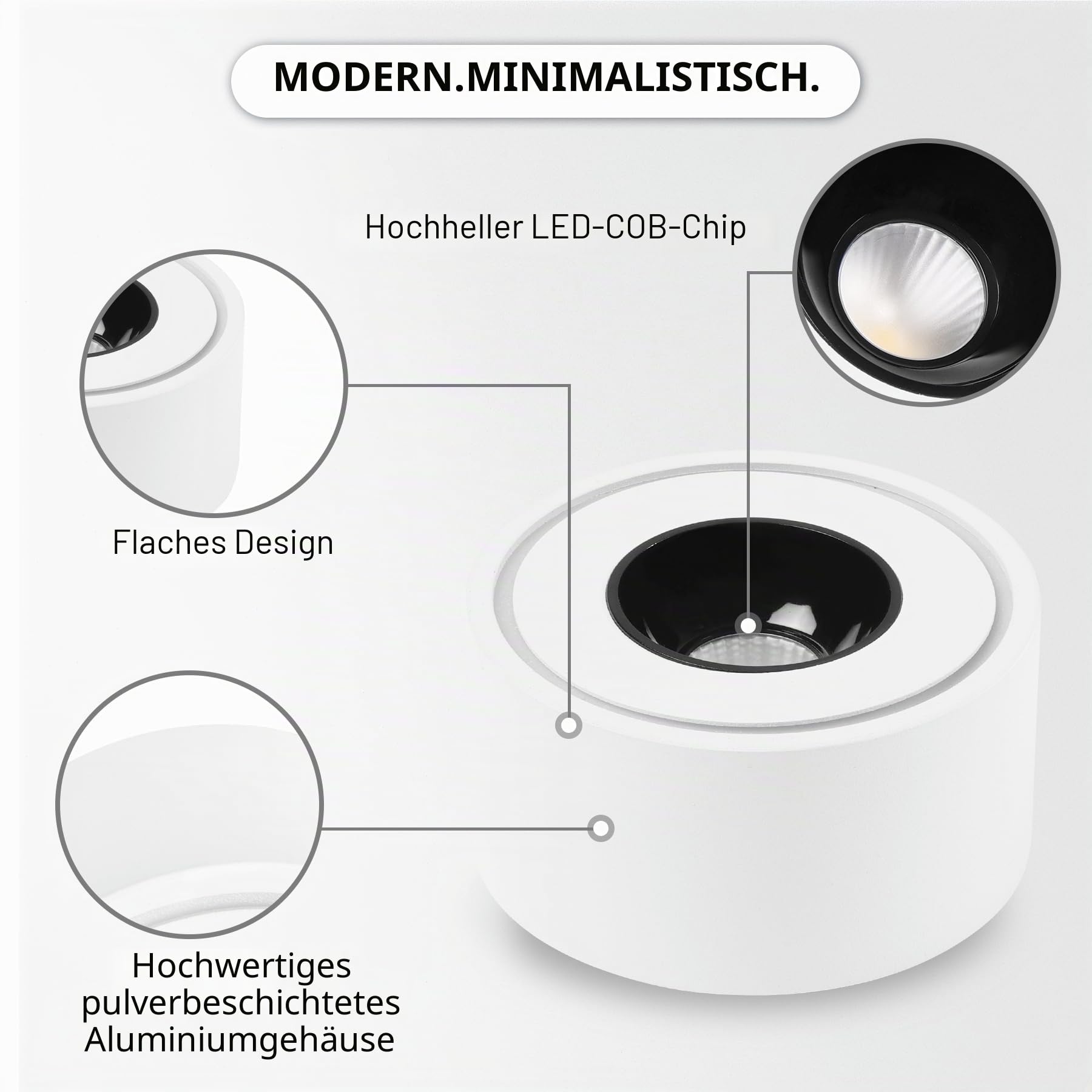 4 Stück LED Aufbauspot Weiß - Extra Flach - Ø97x55mm - Aufbauleuchte LED 8W 1680lm - 4000K Neutralweiß - Rund Aufbaustrahler 230V, Deckenspots aus Aluminium, Aufputz Deckenstrahler