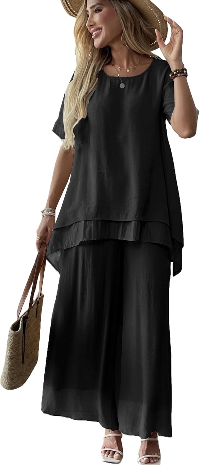 Women's 2 Piece Outfits Flowy Ruffle Tops Palazzo Pants Suits Elegant Casual Dressy Two Piece Linen Sets