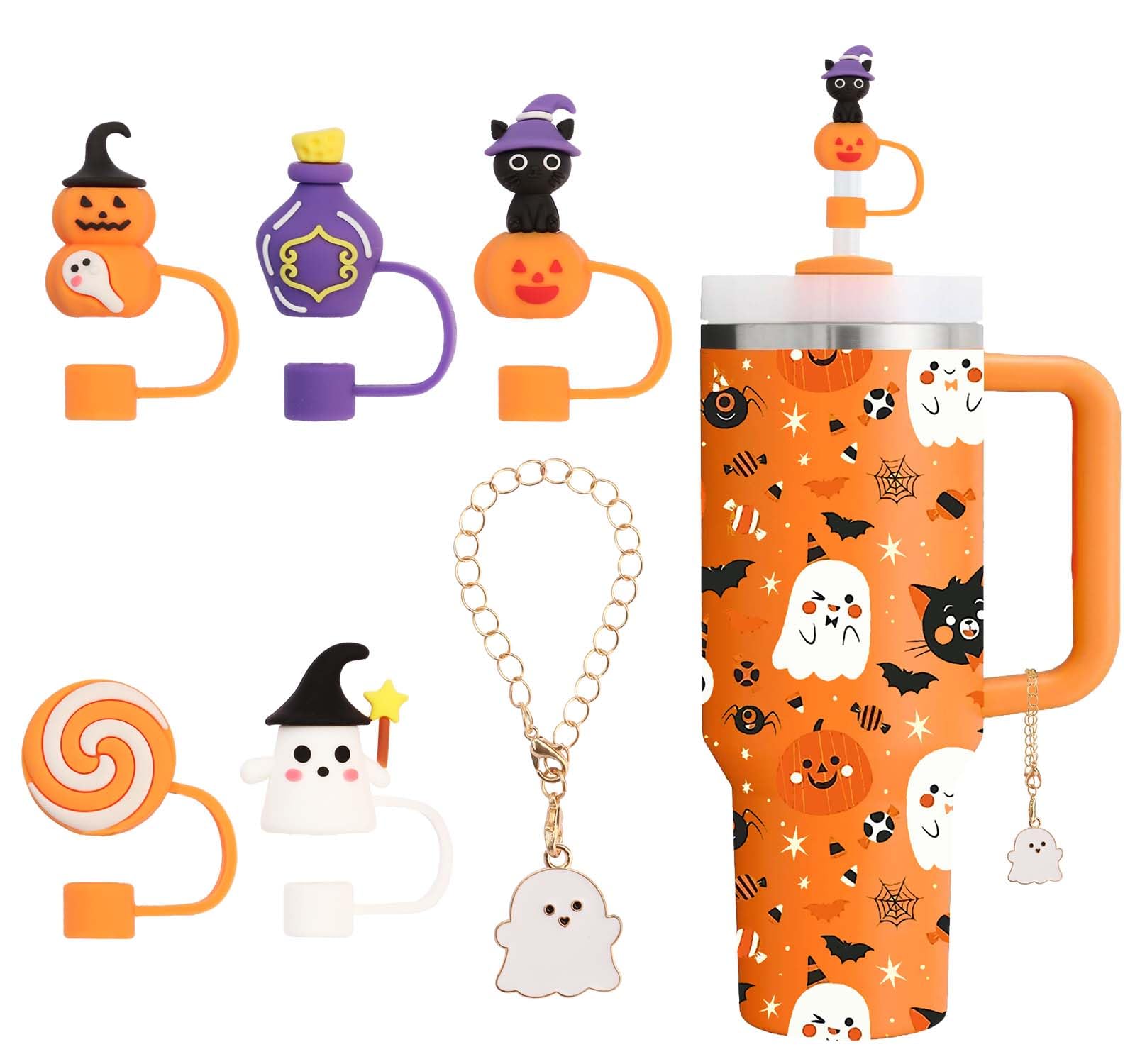 Halloween Straw Topper, Silicone Straw Cap for 04"/10mm Diameter Straw, Reusable Straw Cover for Stanley Cup, Halloween Style Charm Chain for Stanley Tumbler with Handle (5+1)