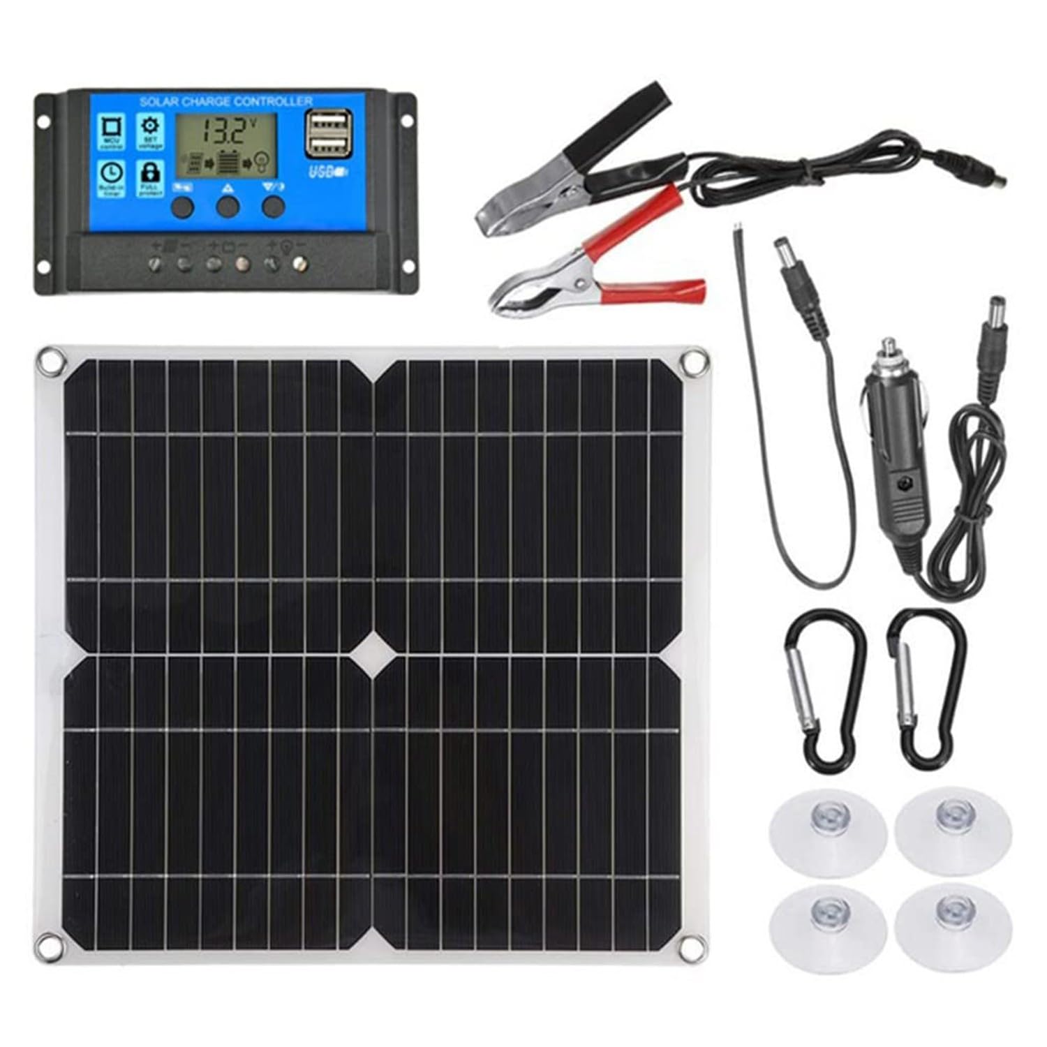 BLUEZY Kit Pannello Solare 25W Pannello Solare Mono con Controller 10A-60A Pannello Fotovoltaico per Auto, Yacht, Barca Leggera, Batteria, Campeggio E Superfici Ineguali 60A