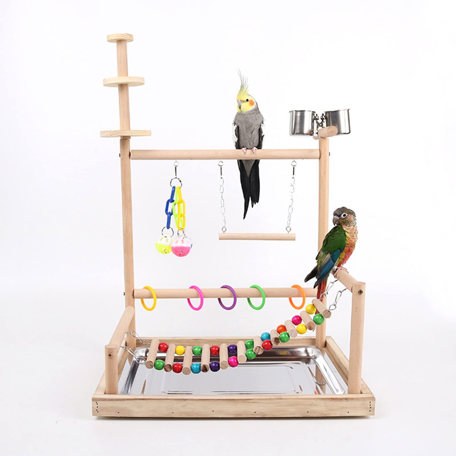 Vogelsitz, Papageien, Spielständer, Nymphensittiche, Spielständer, Spielzeug mit Leiter, Kauspielzeug, Futterbecher, Übung und Spielen für Vögel, Vogelspielplatz, Naturholz Sitzstangenständer mit groß