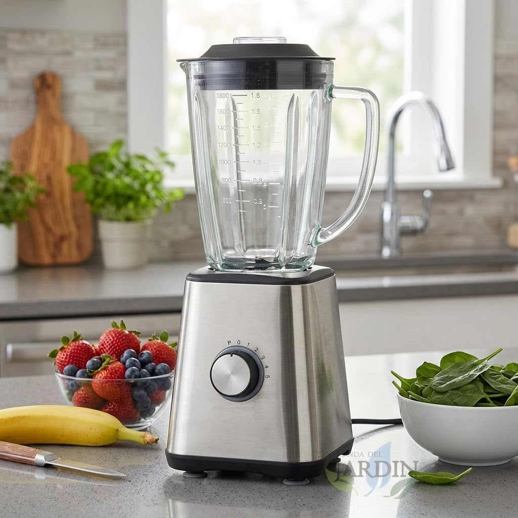 Suinga Frullatore a bicchiere in acciaio inox da 1,5 litri, 600 W e 2 velocità, dimensioni 17,8 x 17,8 x 40 cm
