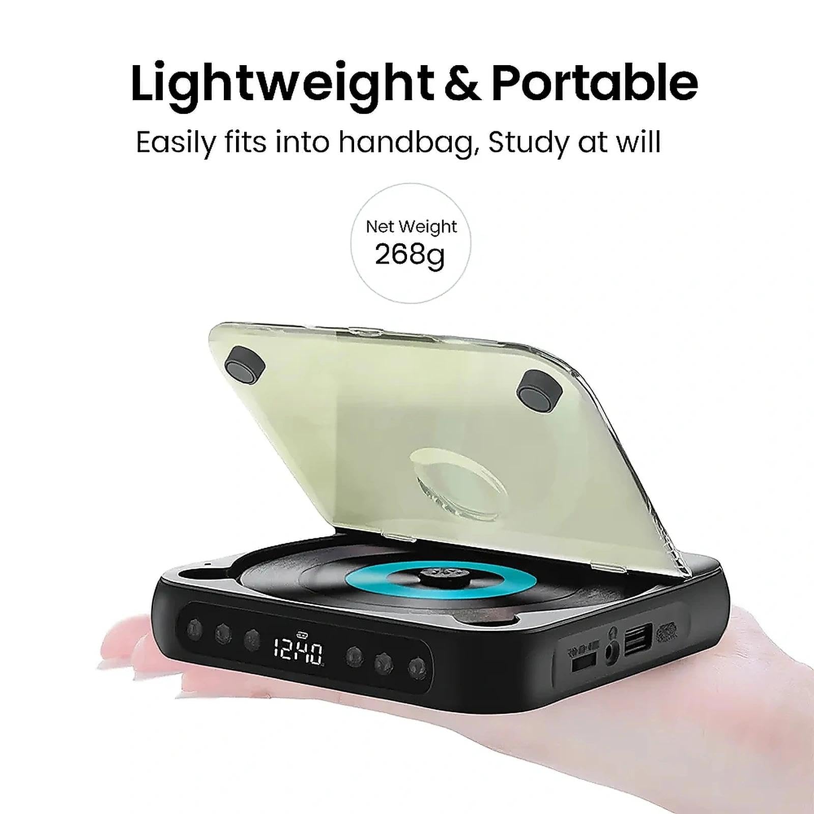 Lettore CD portatile con Bluetooth 5.3, mini lettore CD ricaricabile con altoparlanti HiFi, supporto USB e AUX, compatto per casa, viaggi e ufficio