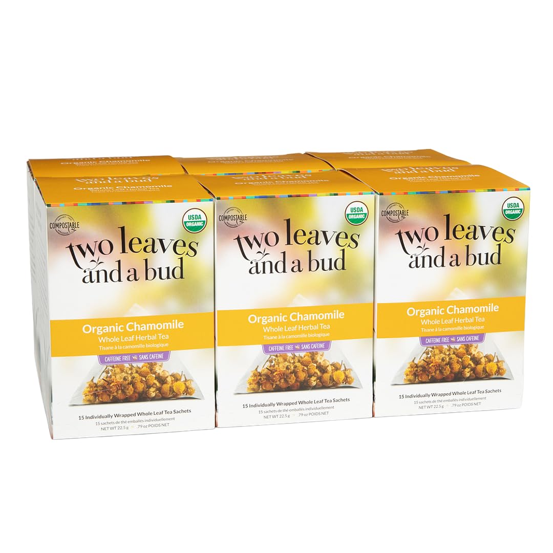 Two Leaves and a Bud Organic Chamomile Tea Bags, Naturally Caffeine Free, Whole Leaf Herbal Chamomile Tea in Compostable Sachets, 15 Count (Pack of 6)