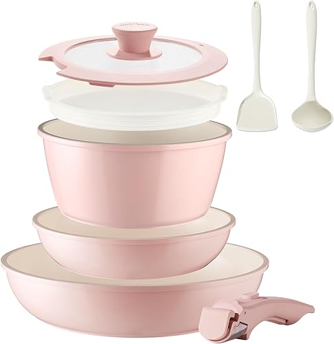 Miniatura 14 de Juego de 21 piezas de ollas y sartenes de cerámica, juego de ollas y sartenes antiadherentes, mango desmontable, apilable, juego de utensilios de