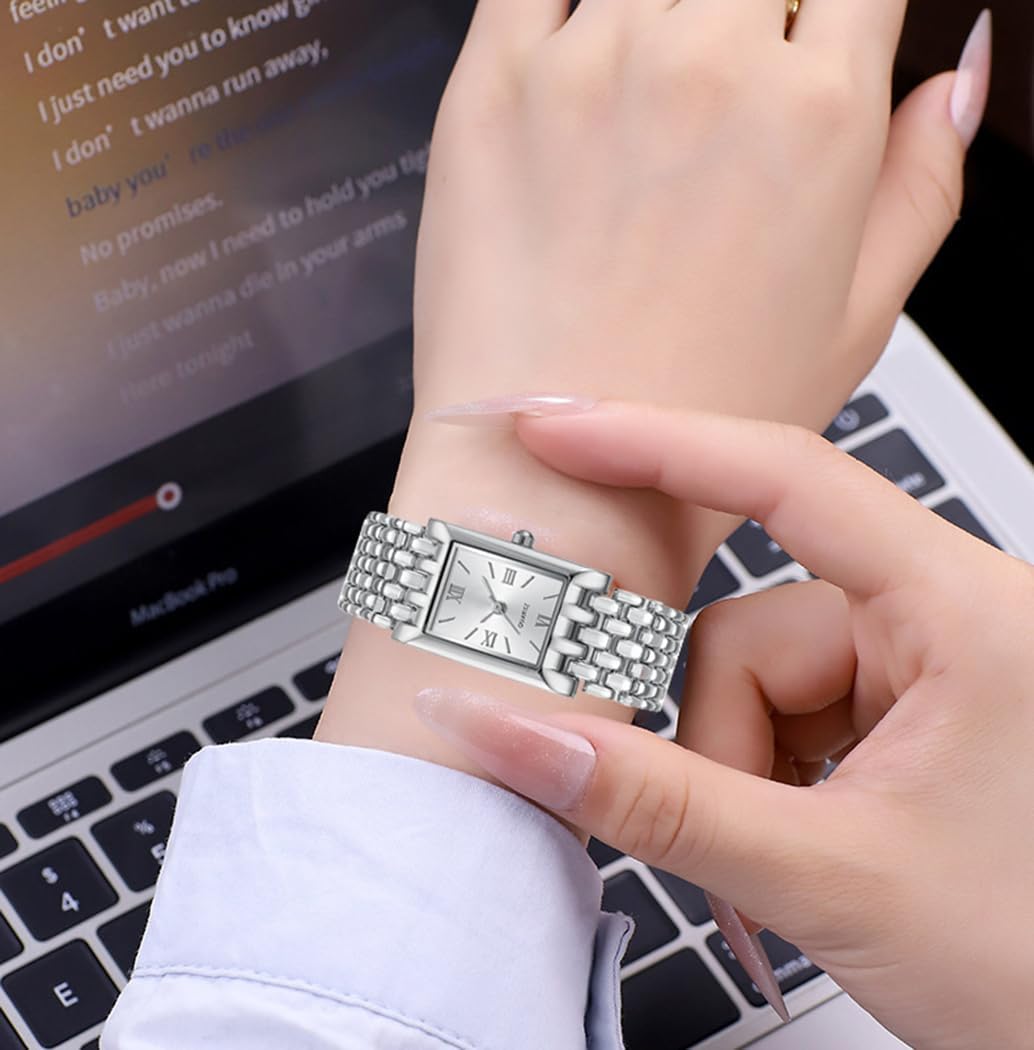 Women's Small Square Vintage Watch Gold or Silver Tone Multi Row Link Bracelet Minimalist Wristwatch with Roman Numeral Dial Elegant Gift for Ladies