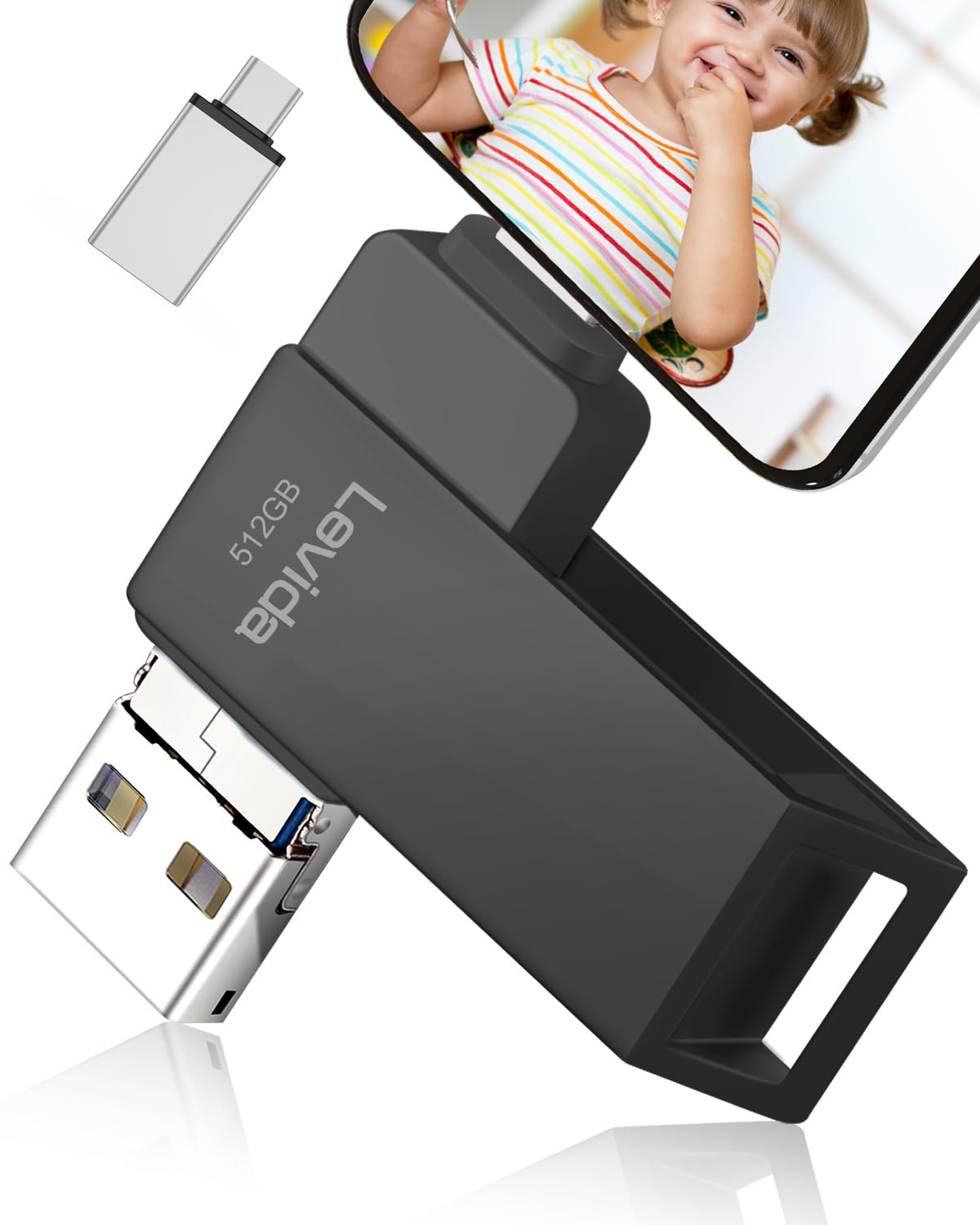USB Stick 512GB,Levida Speicherstick USB 3.0 Photostick fotostick (Mobiler Speicher,Drehbares Design, Automatisches Backup) für IOS,i Phone,Android Handy,Pad, Laptop UND Computer,PC,Schwarz