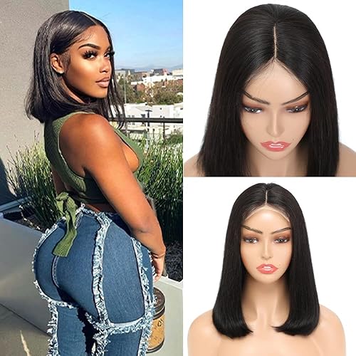 Miniatura 5 de Pelucas cortas de cabello humano 4 x 1 con cierre de encaje, pelucas de cabello humano brasileño lacio estilo Bob, densidad del 150 %, prearrancadas