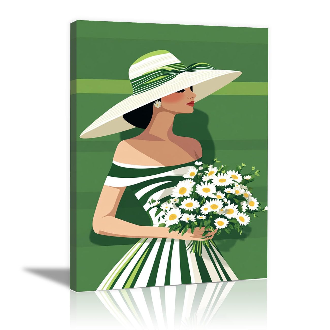 QUSAAOU African Americans Wall Art Green Striped Hat Lady Daisy Bouquet Vintage Tribal Girl Images Elegant Paintings Of Black Women Suitable For Home Wall Decoration(green)-80x120cm1 Unframed