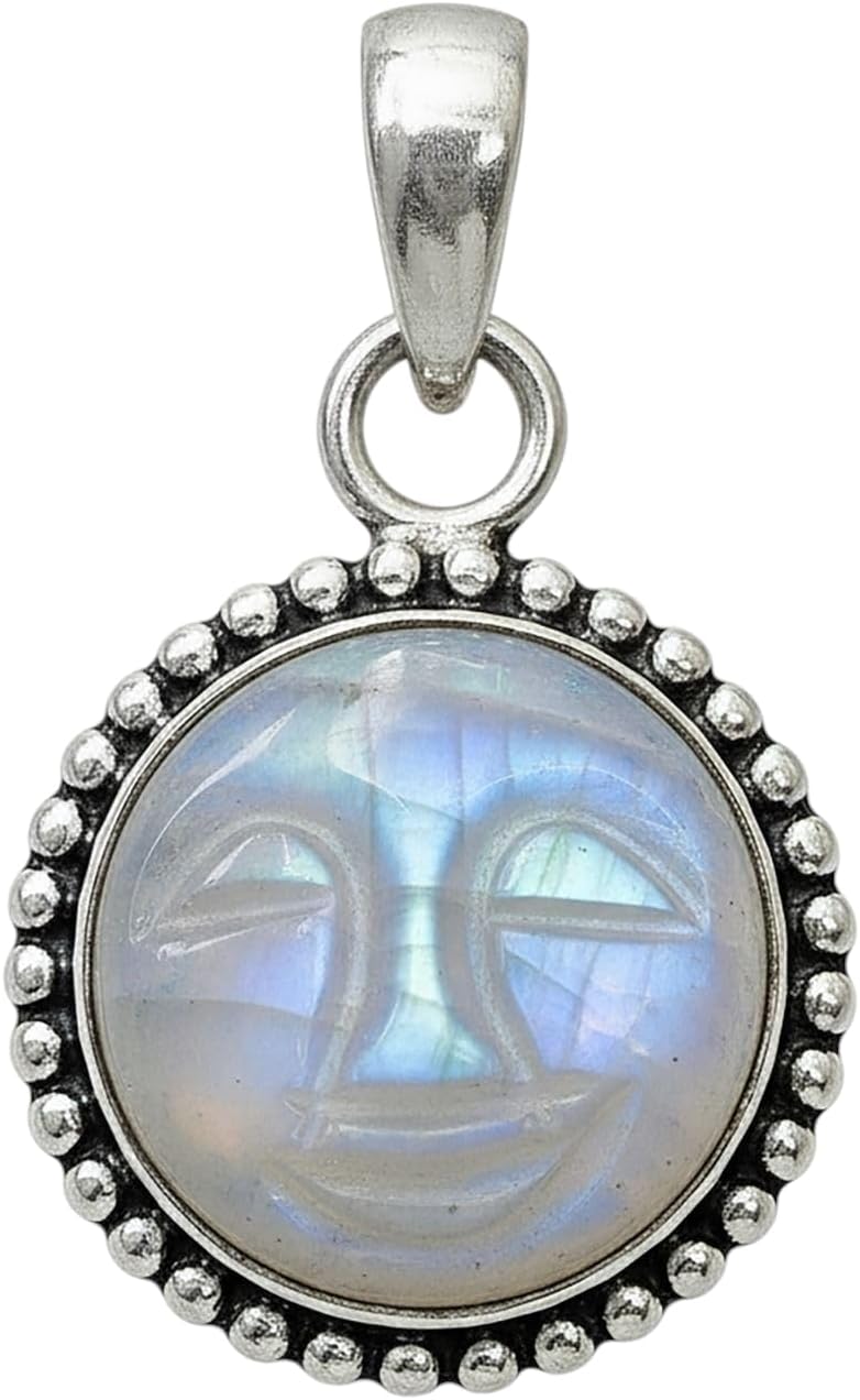 925 Sterling Silver Blue Flash Labradorite Pendant, Hand-Carved Moon Face, Simple Statement Necklace, Carved Gemstone Jewelry, Unique Gift for Her
