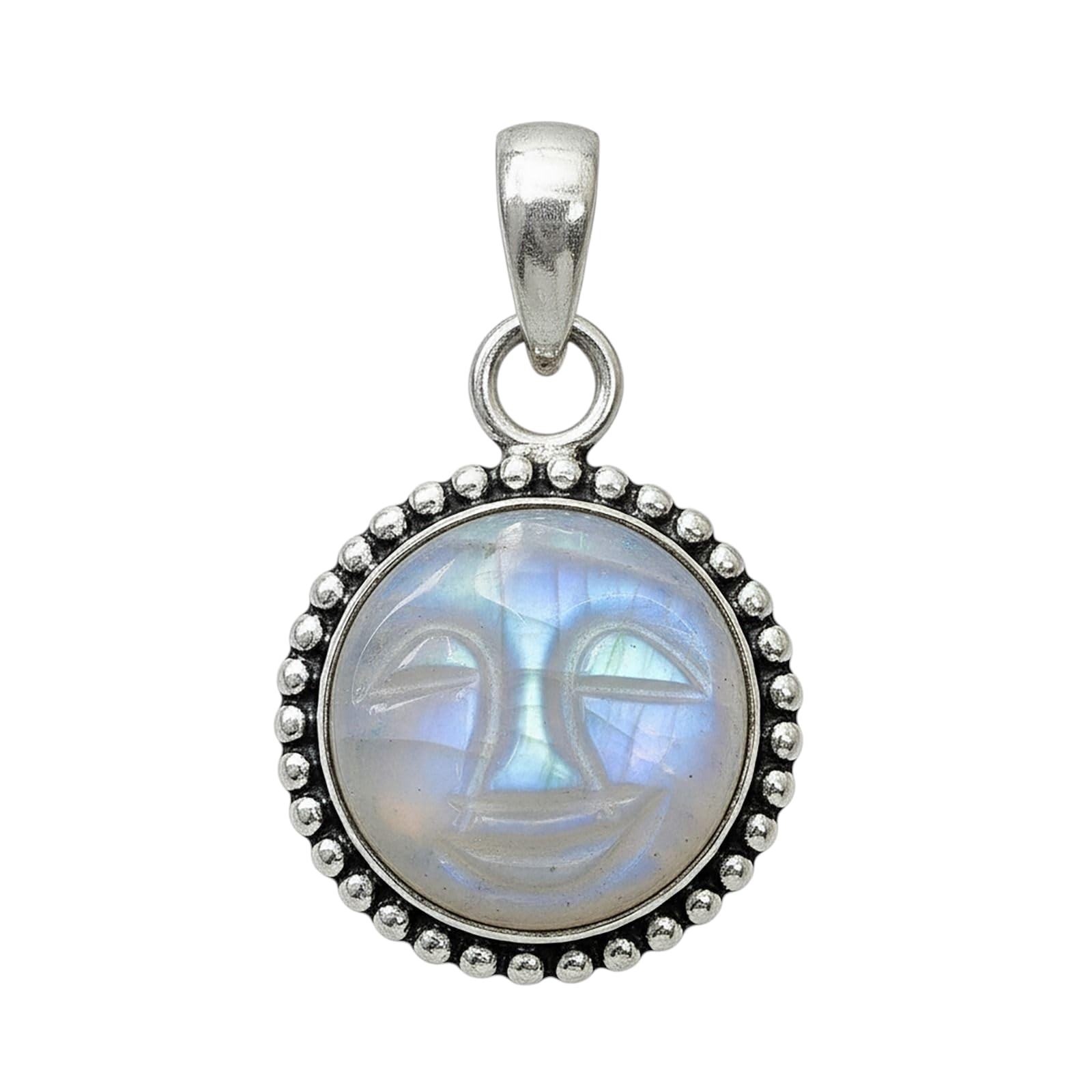 925 Sterling Silver Blue Flash Labradorite Pendant, Hand-Carved Moon Face, Simple Statement Necklace, Carved Gemstone Jewelry, Unique Gift for Her