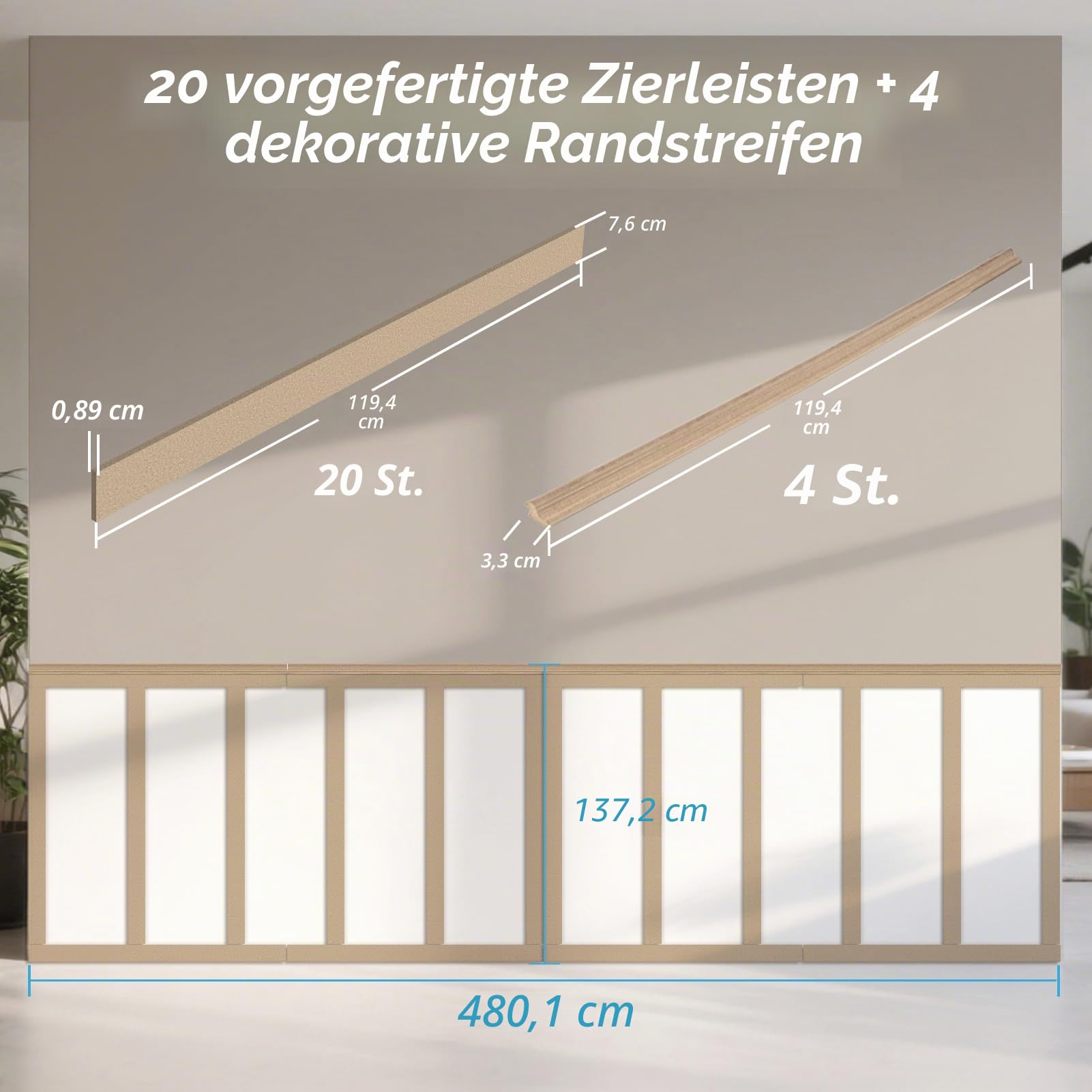 Art3d Board & Batten Fertig-Paneel, 480 x 137 cm MDF Akzentwand Verkleidung, lackierbares Wandpaneel für Wohnzimmer, Schlafzimmer und Küche, inkl. Zierleisten und Montageleisten