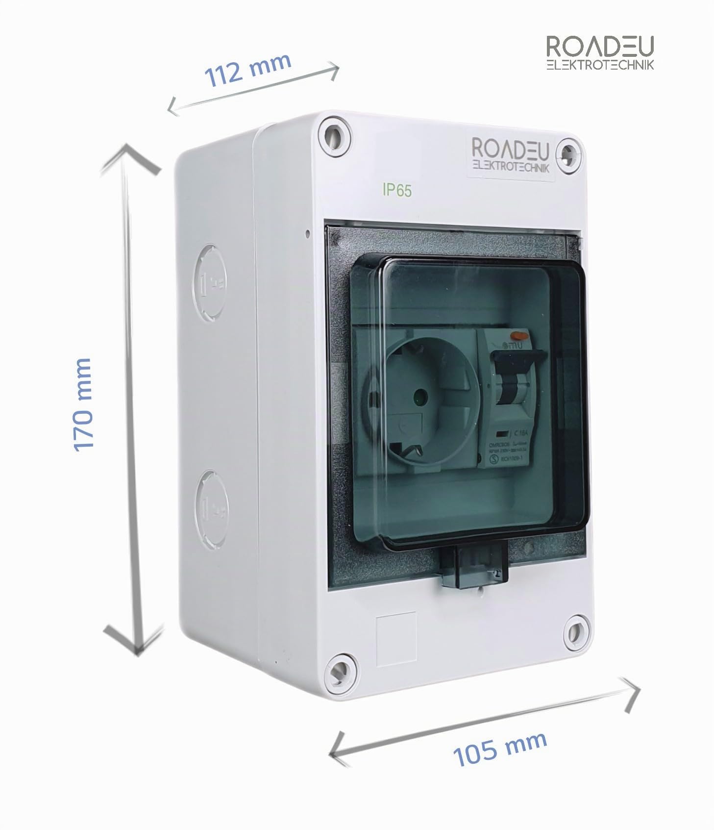 RoadEu | Cuadro Eléctrico de Distribución IP65 con Interruptor Diferencial y Disyuntor 16A | Caja de Pared Precableada con 1x Toma Schuko 230V | Resistente a Agua y Polvo (IK08)