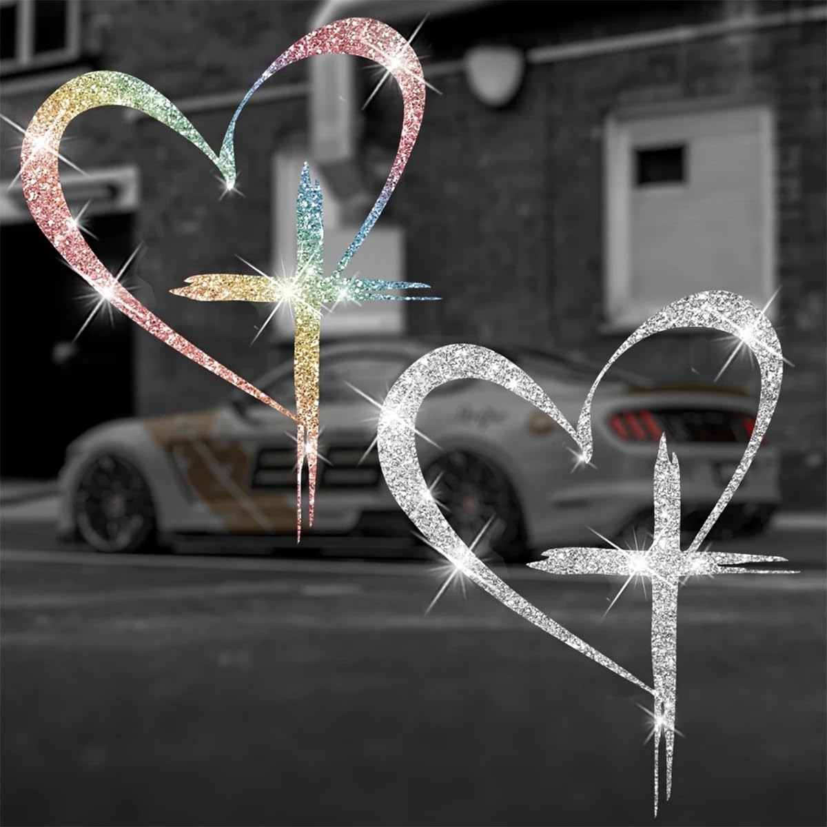 Osilly 2PCS Bling Love Cross Car Decal, Shiny Heart Christian Vehicle Window Bumper Sticker, Sparkling Religions Jesus Automotive Exterior Decoration, Universal for RV Truck Sedan (Silver/Multicolor)