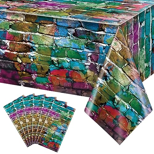 FunnyPars 6 Pack Colorful Brick Tablecloth Rectangle, Graffiti Brick Wall Backdrop Photo Background, Plastic Retro Table Cover, Wall Scene for 80s 90s Hip Hop Disco Party Decorations, 54x108Inch by FunnyPars - Used condition - US$15.29