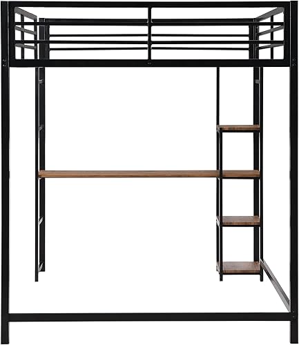 Miniatura 6 de Merax Cama tipo loft de metal de tamaño matrimonial con escritorio integrado de 55.5 pulgadas de largo y estantes de almacenamiento, marco de cama