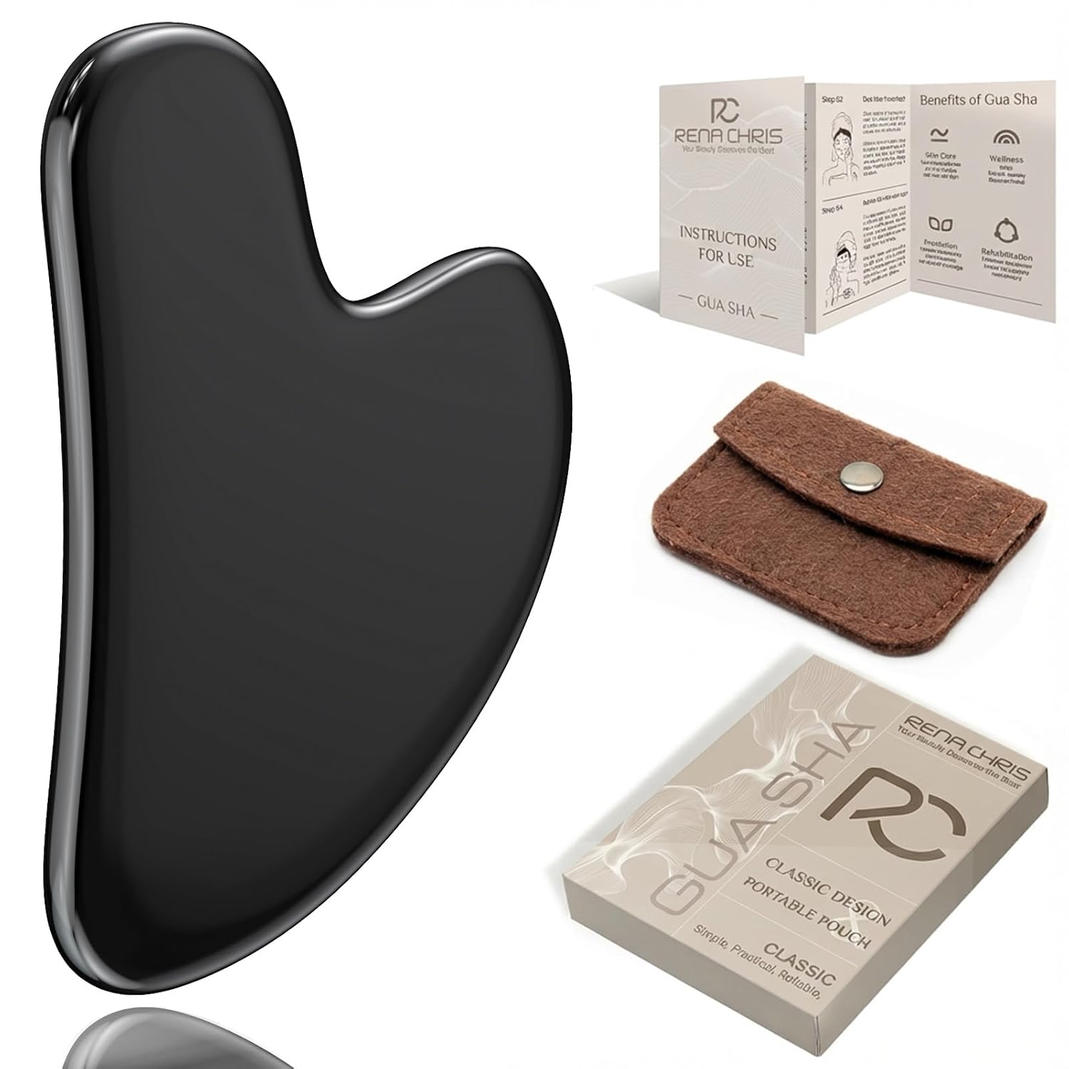 Rena Chris Gua Sha Facial Tools, Stainless Steel Guasha Tool for Acupuncture, Manual Massage Tool for Jawline Sculpting and Puffiness Reducing, Gua Sha Facial Massage Tool, Skin-Care Gift (Black)