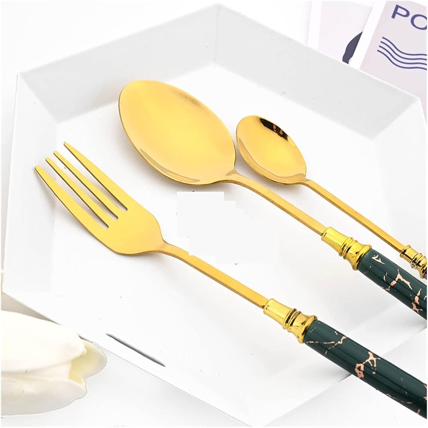 6/24Pcs Stainless Steel Dinnerware Upscale Marble Texture Western Tableware Dinner Fork Spoons Kitchen Flatware Set leisurely (Color : 6Pcs Dinner Spoon-02)