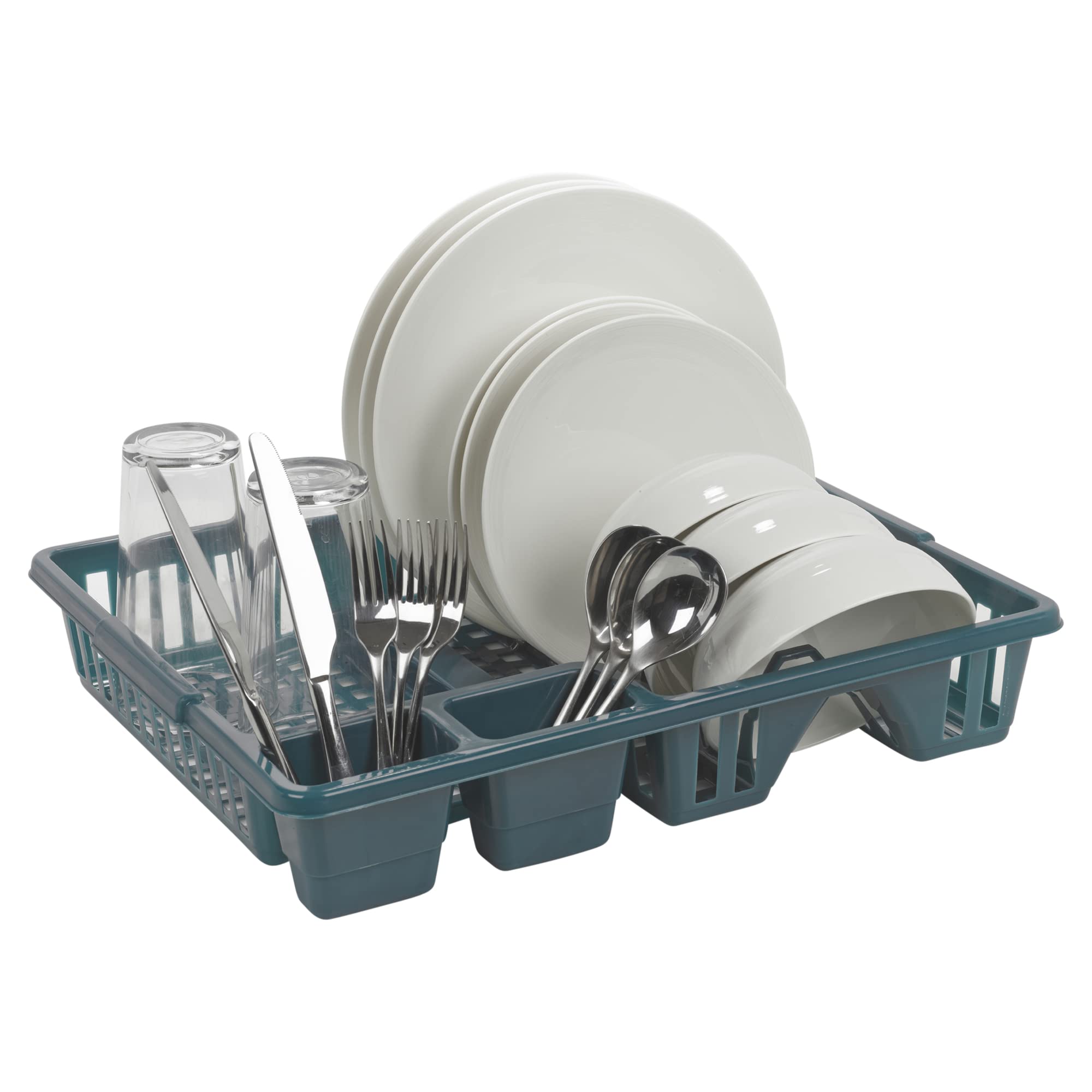 Urbnliving Blue Plastic Compact Kitchen Sink Dish Drainer With Cutlery Draining Board Basket Utensil Holder Organiser (Blue)