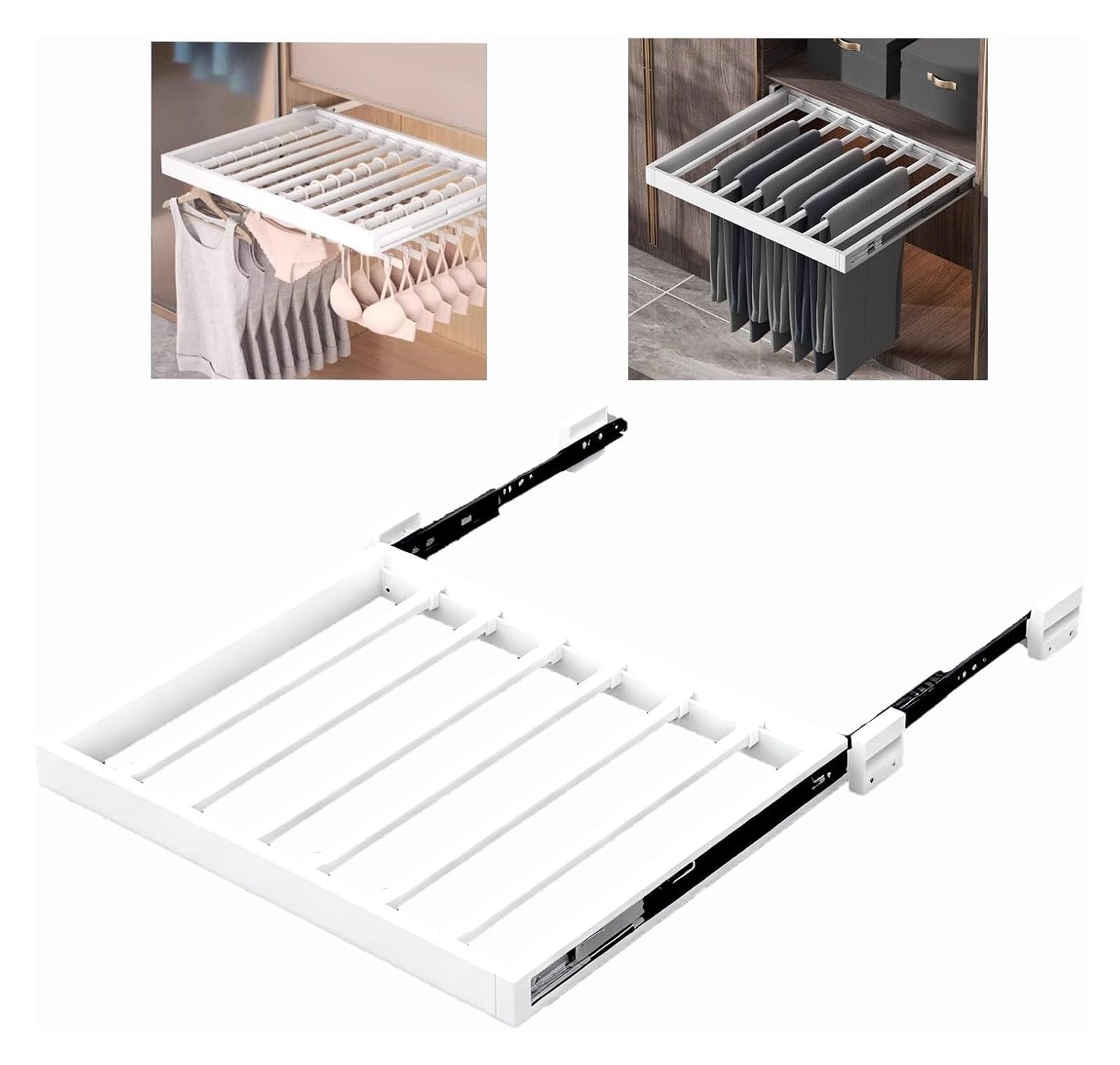 Ptrecniok Pull Out Drying Rack， Aluminum Alloy Hidden Pull-Out Trouser Rack Adjustable Width And Depth Snow White(D: 49cm (19.29in),W: 61 66cm(24.01 25.98 in))
