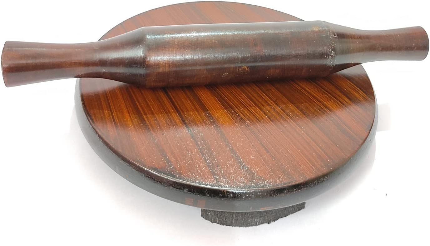 Atharv round wooden Chapati Chakla with Rolling Pin| Roti/Chapati Maker| Antique design Chouki Belan for Roti Best gift item others as kitchen tool| Set of 1, Brown, ASZ108, L8xW8xH1