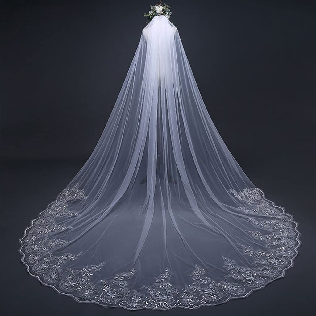 Velo largo de novia JFDBGU con bordes de encaje floral de alta costura