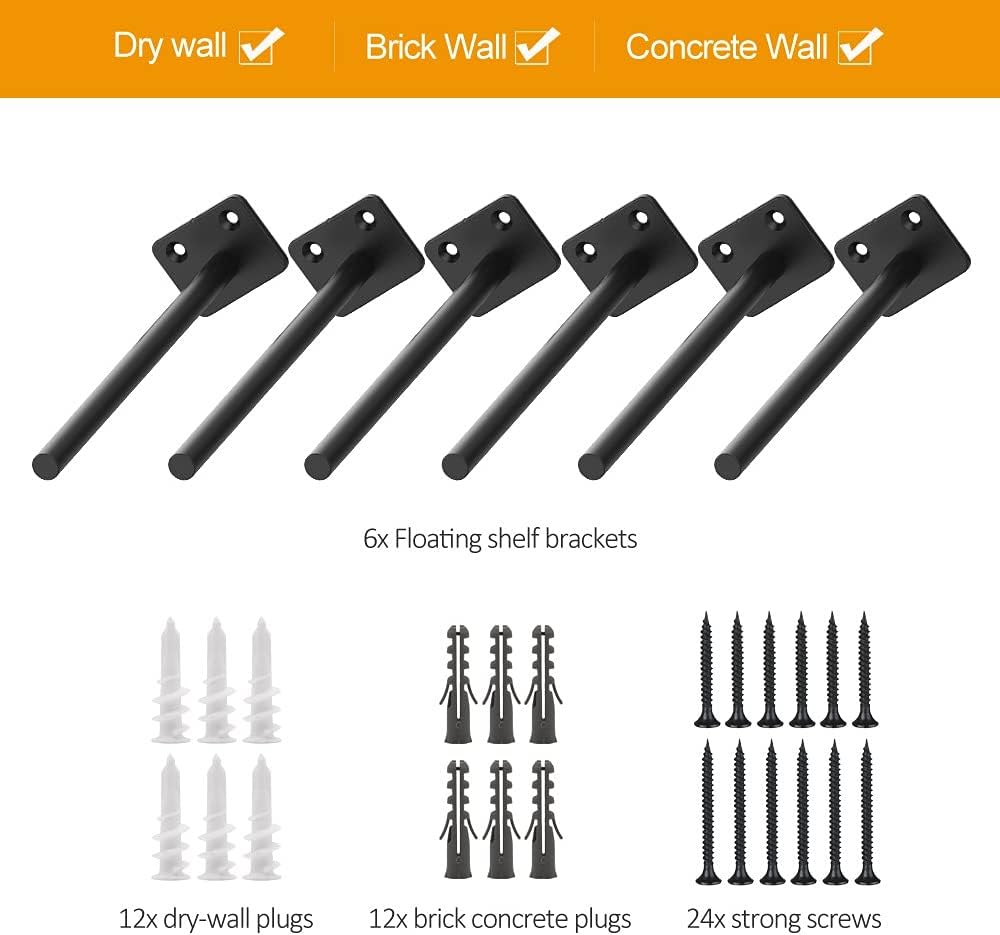 Floating Shelf Brackets, 8 inch Hidden Shelf Brackets Heavy Duty Blind Shelf Support, 150LBS Load Capacity, 6 Pack Floating Shelf Hardware for DIY Wood Wall Floating Shelves