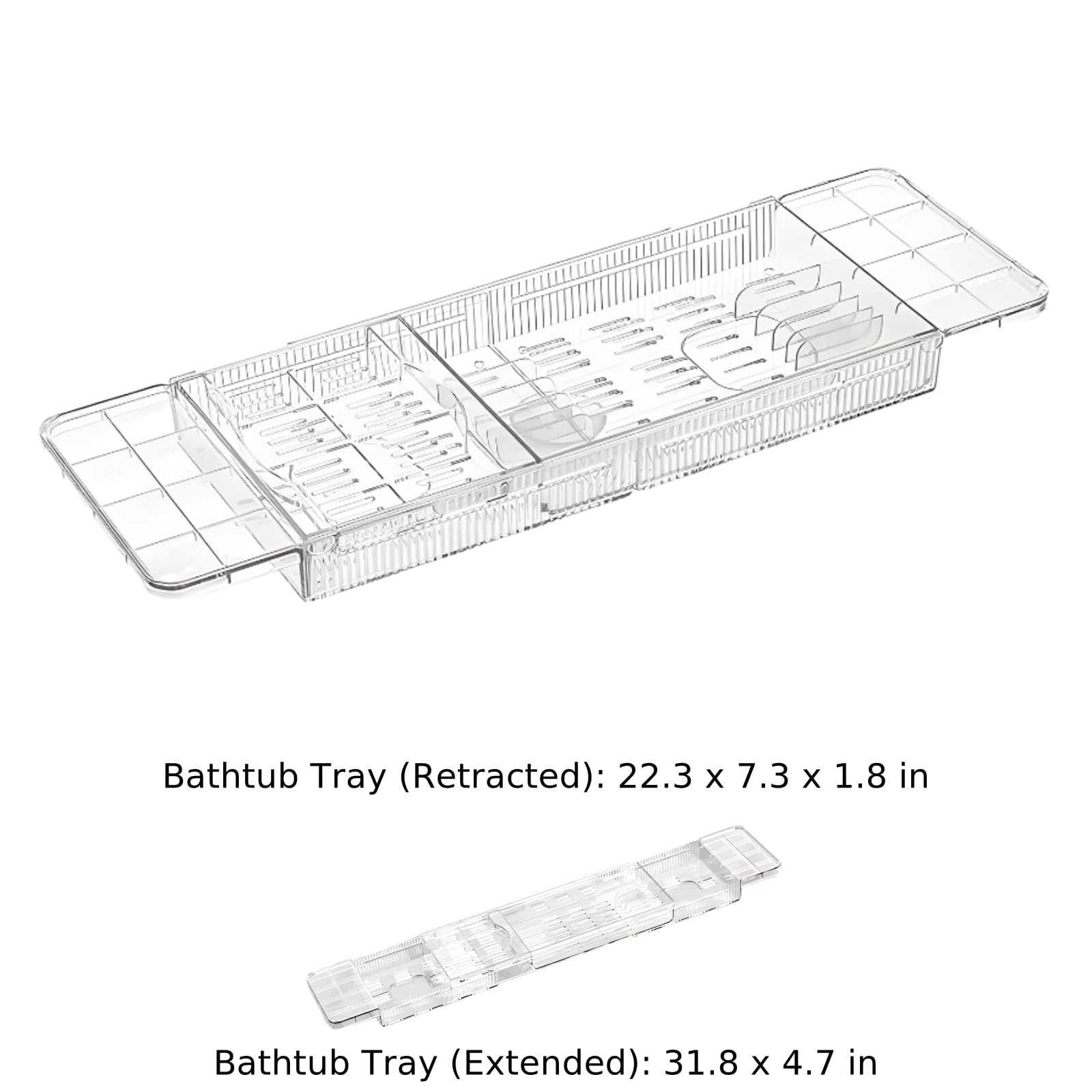 Bandeja de bañera, organizador de baño de plástico transparente expandible con soporte para copas de vino y tablet, retráctil de 22.3 a 31.8 pulgadas de longitud, almacenamiento multicompartimento