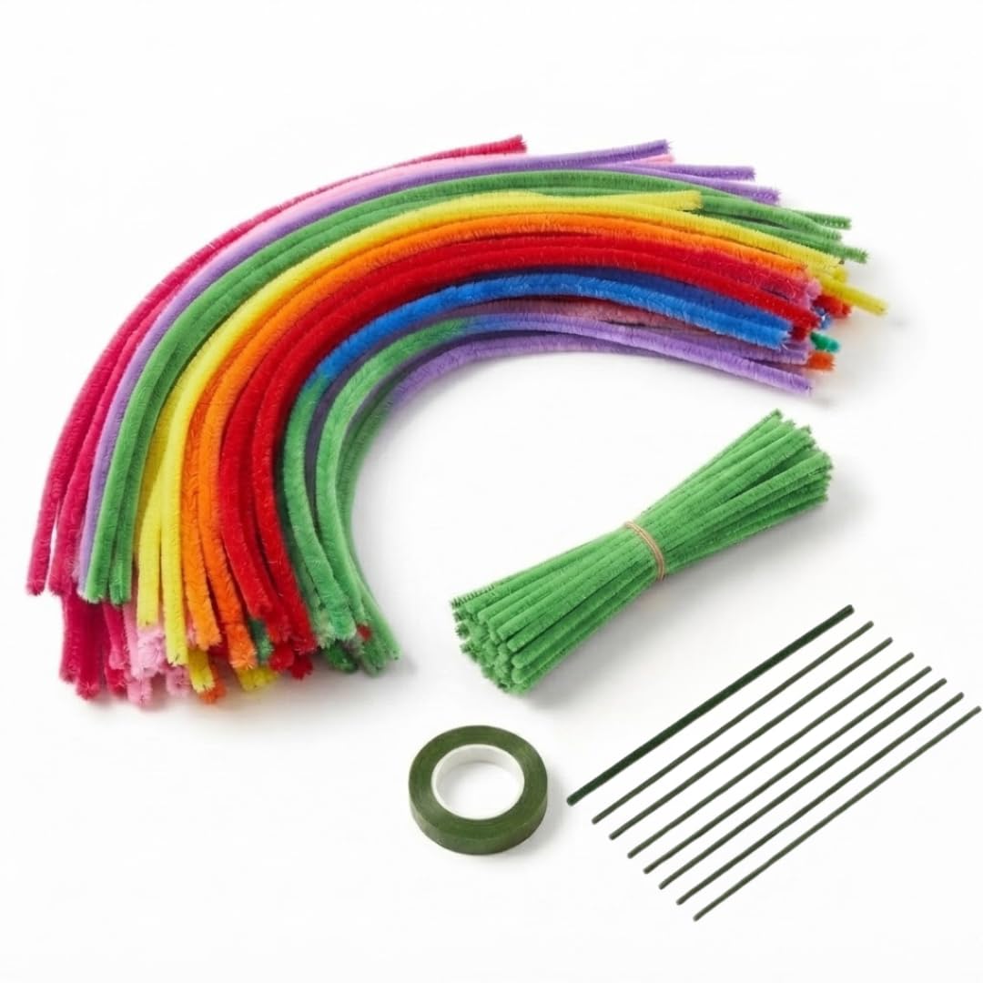 Brijsun Innovations Pipe Cleaners Craft Kit - 100 Multicolor, 20 Green Pipe Cleaners, 10 Floral Stem Wires & 1 Floral Tape for DIY Flowers, Kids Craft, School Projects & Art Supplies-image-45