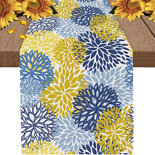 Dahlia Flowers Table Runner Linen 72 Inches Long,Floral Blue Yellow Table Runner Kitchen Decor for Home Party and Dining Room Dresser ,Scarf Decor for Holiday