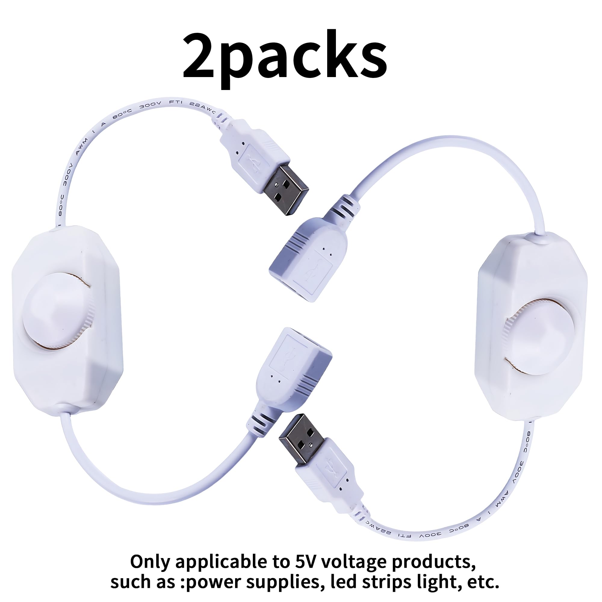 Clearhill 2Packs 5V USB Rotary Dimmer Switch with USB Male and Female Connectors(White),Brightness Adjustable Controller,Manual Knob Dimmer Switch for 5V LED Strips Lights - Image 2
