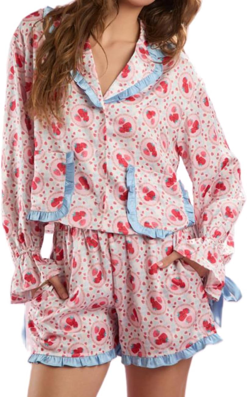 Women’s Silk Satin Button Up Pajamas Cute Matching Pj Sets Long Sleeve Shirt and Shorts Two Piece Sleep Wear Set