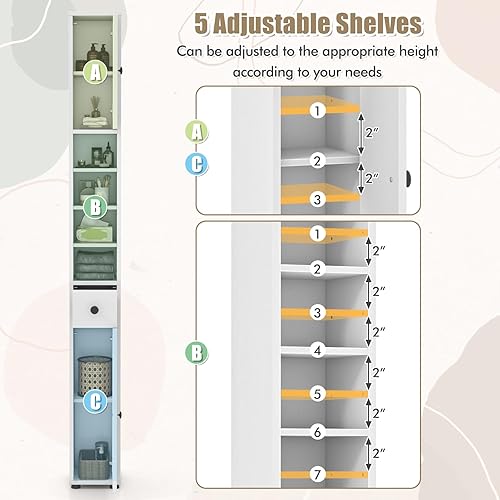 Miniatura 5 de Giantex Armario de Almacenamiento Delgado para Baño - Gabinete de Piso Alto y Estrecho de 71" con 2 Puertas, 5 Estantes Ajustables, 1 Cajón,