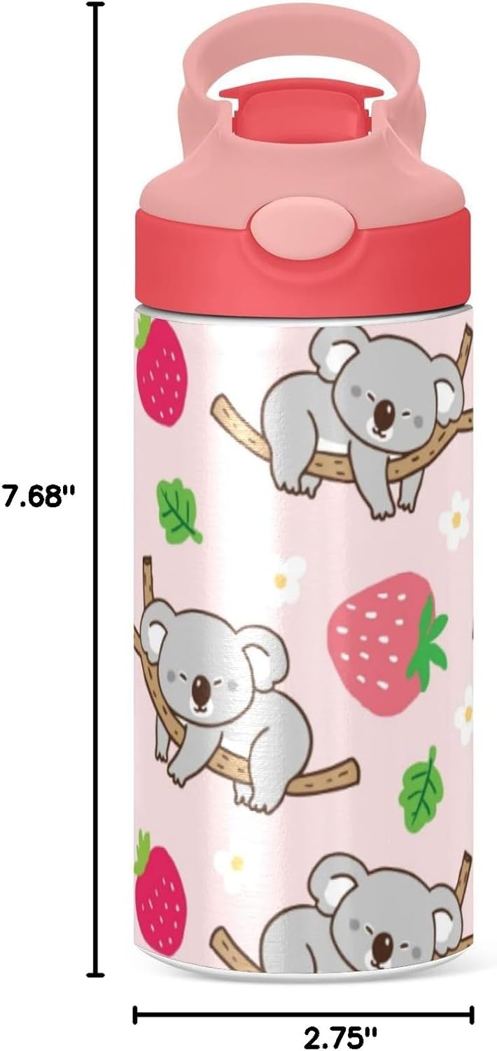 Kigai Koala Strawberry Kids Water Bottle, Insulated Stainless Steel Water Bottles with Straw Lid, 12 oz BPA-Free Leakproof Duck Mouth Tumbler for Boys Girls