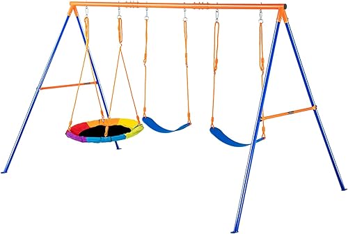 Miniatura 9 de VEVOR Juegos de columpios para patio trasero, con 1 asiento de columpio de platillo, 2 asientos de columpio de cinturón, juego de columpio de