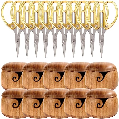 JubileeYarn Bamboo Yarn Bowl with Removable Lid + Embroidery Scissors Combo - Carbonized Brown Bowl - 10 Pieces