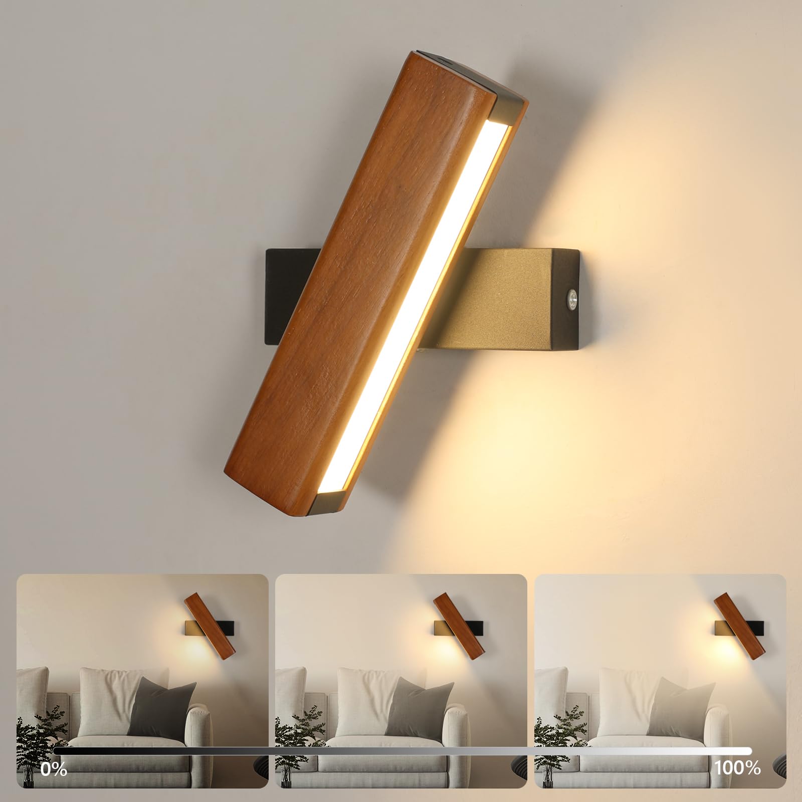 Dorlink Led Wandleuchte Innen mit Touch Schalter Stufenlos Dimmbar,3000k Warmweiß Holz Wandlampe,350°Drehbarer Wandlampe Innen,Moderne Wandleuchten für Schlafzimmer,Flur,Treppenhaus,Veranda