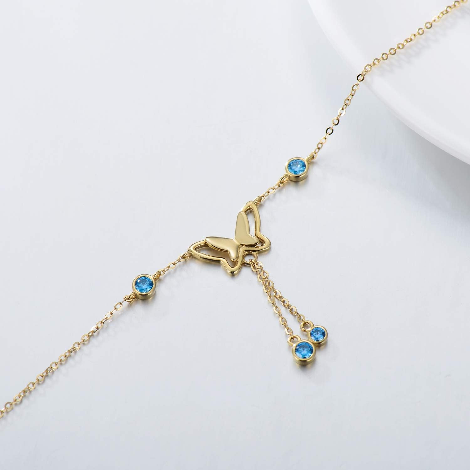 SISGEM 14K Real Gold Butterfly Anklet for Women,Yellow Gold Double Butterfly Anklets with Sea Blue Zircon,Tassel Foot Link Beach Anklets,Anniversary Birthday Jewelry Gifts for Wife Girlfriend 8"+2"