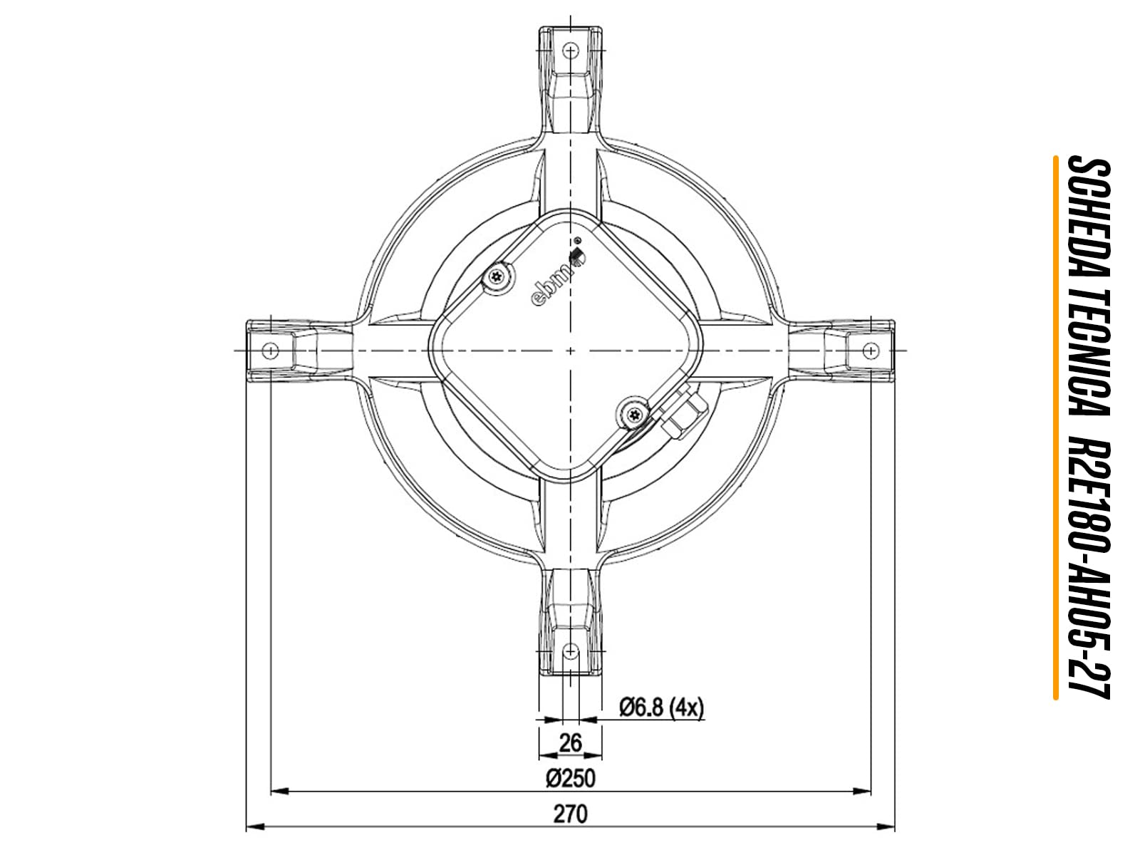 ERICAMBI, Estrattore Aspiratore Fumi EBM R2E180-AH05-27 per Stufe a Pellet, Potenza 115W, Ventola Ø 180mm, Numero di Giri Fino a 2600rpm, Provvisto di Girante in Acciaio AISI 430