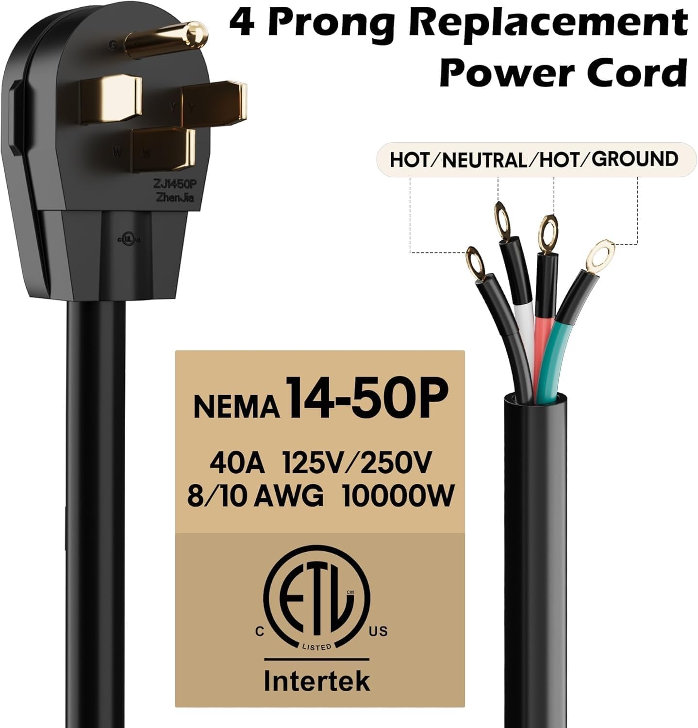 HiFind 4-Prong Replacement 40 Amp Range Power Cord 6 Ft, NEMA 14-50P to 4-Color Wire with Eyelet Connector,RV Tesla/EV Charger Generator Stove Appliance Extension Plug,Waterproof 8/2+10/2 AWG SRDT,ETL