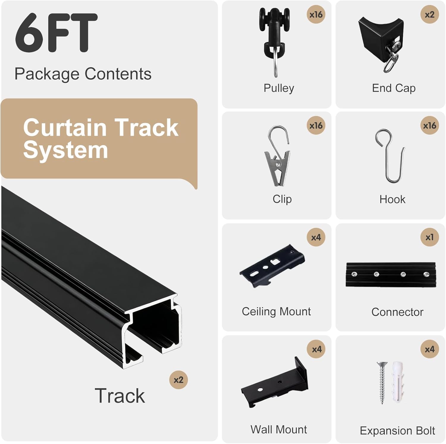 Ceiling Curtain Track, Heavy Duty Curtain Tracks System for Room Divider, Wall Mount Sliding Curtain Rail with Clip and Hooks Set for Living Room, Bedroom, Shower, Outdoor, Black, 3ft-6ft