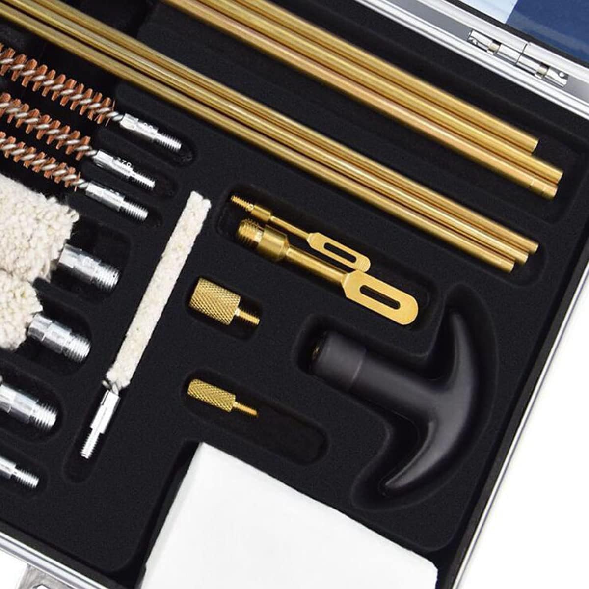 Gun Barrel Brush Set, 28pcs Universal Automatic Rifle Cleaning Set with Wood Tool Box and 10pcs Bronze Brush, Accessories Brushes for All Caliber Guns