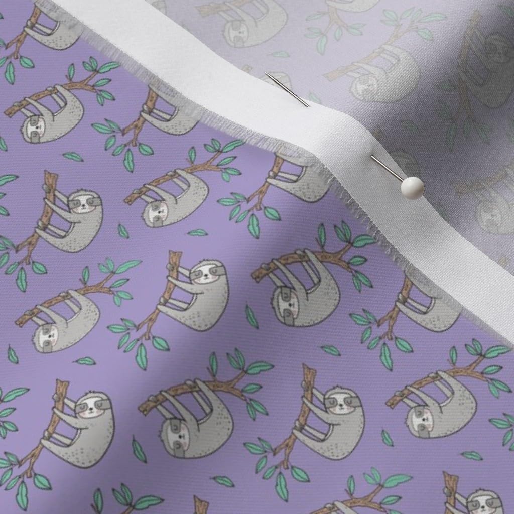 Spoonflower Fabric - Sloth Sloths Tree Branch Leaves Lavender Purple Tiny Small Forest Printed on Organic Cotton Sateen Fabric by The Yard - Sewing Quilting Apparel Home Decor